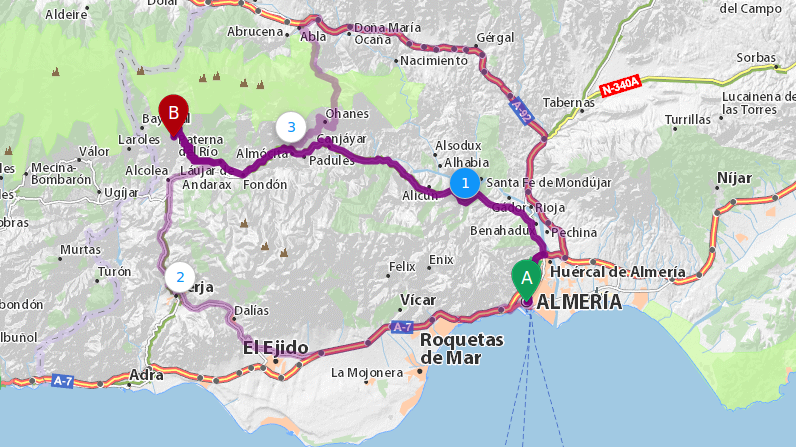 Mapa Almería a Paterna del Río por Benahadux,Alhama, Canjayar